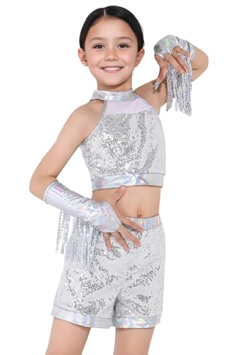 Happy Cherry Girls Sequins Dance Dress Shiny Sleeveless Halter Top and Shorts Jazz Hip Hop Latin Sparkle Suit Outfits with Tassel Arm Sleeves 3 Pcs