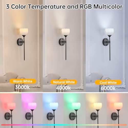 Image of Shenmoyl Battery Operated Wall Sconce Set of 2, White Tulip Vintage Wall Light Fixture Rechargeable 5000mAh Battery Powered Wall Lamp with Remote for Living Room Bathroom, Black