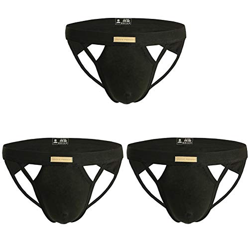 KAMUON Menâ€™s 3-Pack Cotton Jock Strap Sexy Athletic Thongs Underwear Jockstrap (US XS = Asian Tag S : Waist 26"-27", Black)