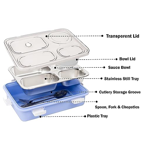 Image of Storescent Lunch Box with Compartment, Leak-Proof BPA Free Stainless Steel for School, Lunch Box for School & Office with a Fork, a Spoon and a Pair of Chopsticks (Purple, 4 Compartment)