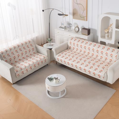 Image of HOKIPO Autumn Blossom Quilted Sofa Cover 3 Seater and 2 Seater with Tassels Set - 5 Seater Sofa Cover (3+2) for Seat & Back | 'Tassel Twigs' Series (IN-991-T5 + IN-990-T5)