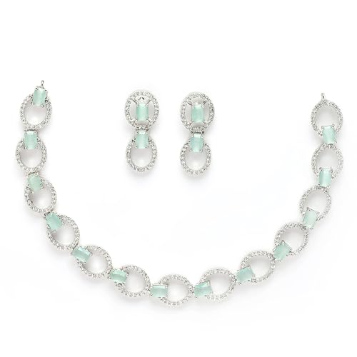 Image of ZENEME Rhodium-Plated American Diamond Studded Disc-Shaped Necklace With Earrings Jewellery Set For Girls and Women