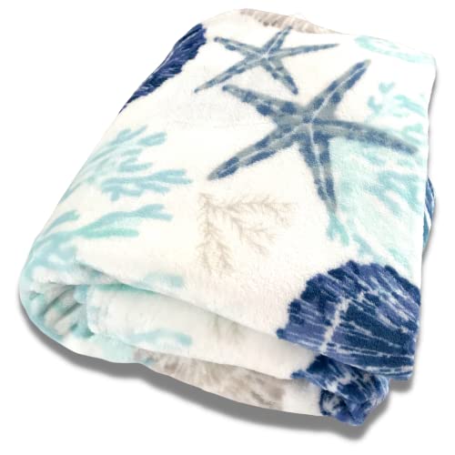 Decorative Ocean Life Coastal Throw Blanket: Soft Plush Velvet Fleece Calming Hues Of Blues Beige On White, Accent For Sofa Couch Chair Bed Or Dorm (Coastal Shells) #TOP4