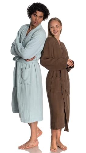 Image of Muslin Unisex Bathrobe Women & Men, 100% Cotton Kimono Lightweight Robe | Long Robes Soft, Absorbent, Spa robes