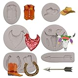 Western Cowboy Silicone Molds Bull Head Horseshoe Feather Arrow Boots Hat Chocolate Fondant Molds for Cupcake Topper Decorating Polymer Clay Crafts Set Of 6