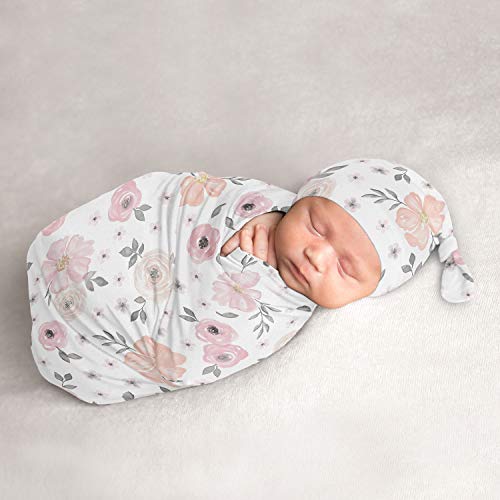 Image of Sweet Jojo Designs Watercolor Floral Baby Girl Cocoon and Beanie Hat 2pc Set Jersey Stretch Knit Sleeping Bag for Infant Newborn Nursery Sleep Wrap Sack - Pink Grey White Boho Shabby Chic Rose Flower
