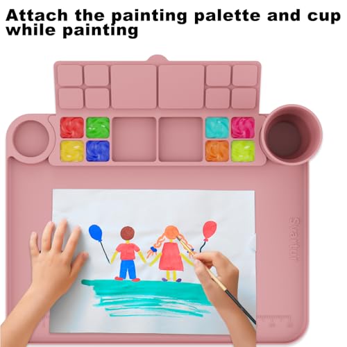 Image of Svartur Silicone Painting Mat with Removable Paint Palette and Cup, Coral Pink