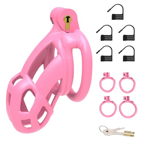 Qcpuuu Chastity Cage per Uomini, Cockcage con 4 Anelli del Pene e Lucchetto, Gabbia del Pene Piccola, Dispositivi di Castità e Tortura dei Testicoli, Bondage Estremo per Uomini, Rosa, S