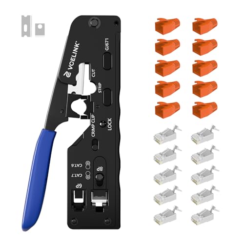 VCELINK Crimpzange RJ45 Presszange für RJ45 Stecker Netzwerk Werkzeug mit 10 x Cat7 Cat6A Lan Stecker vergoldet Pass Through Netzwerkstecker GJ671BL