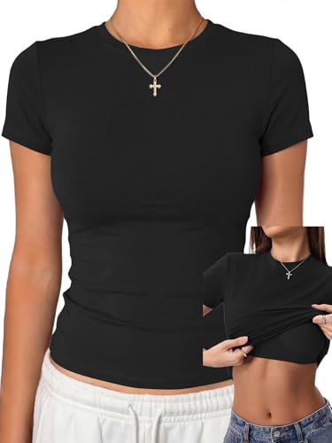 Danysu Basic Tops for Women with Built in Bra Cotton Jersey Short Sleeve T-Shirts Slim Fit Cute Gym Summer Clothes Black Medium