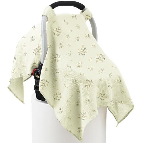 Image of 100% Muslin Cotton Car Seat Cover Baby, Carseat Canopy Cover, Universal Fit Stroller Covers for Boys and Girls (Green Beige Leaf)
