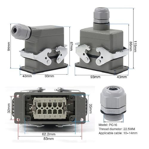 Conector impermeable industrial HDC-HE16 rectangular con pines de 16A 4