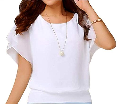 Yommay Blusas de verano para mujer, elegantes e informales, blusas de gasa para mujer, camisetas de manga corta, blanco, L