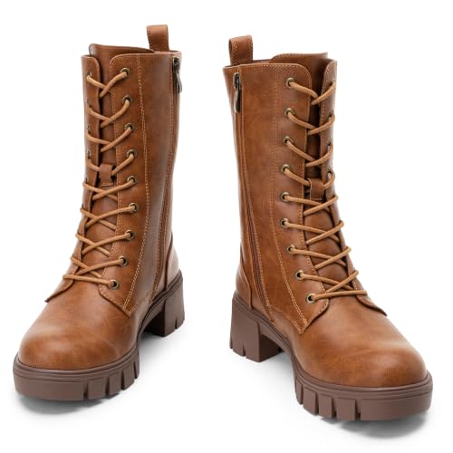 Image of Vepose Women's Mid Calf Combat Lace Up Chunky Platform Boots