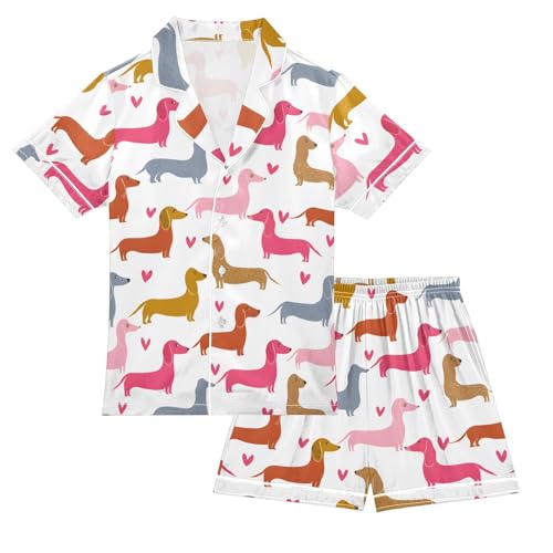 ALAZA Dachshund Dog Love Heart Cute Satin Pajamas Set Short Sleeve Button Down Sleepwear Summer Pjs 2 Piece