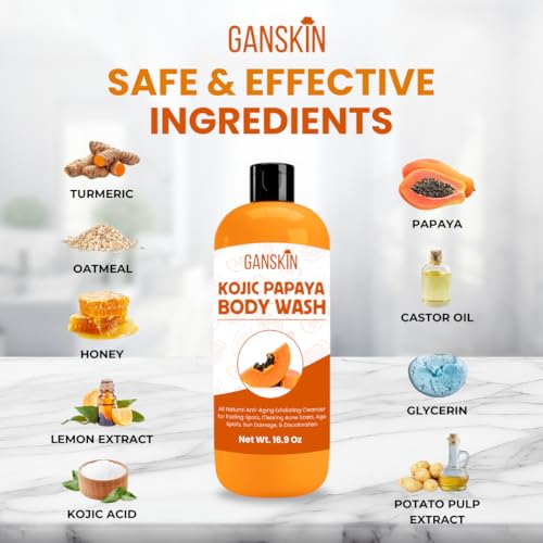 Ganskin Kojic Acid Soap for Hyperpigmentation – Skin Brightening Kojic Papaya Body Wash – Dark Spot Soap Reduces Acne, Scars, and Evens Skin Tone – Turmeric Body Wash for Brighter Glowing Face