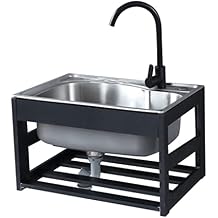 Wall Mount Kitchen Sinks with Pull-Down Faucet, Stainless Steel Utility Sink Commercial Single Bowl Sink,Outdoor Garage Sink Station ,for Laundry/Backyard/Garage, 1 Compartment  Size 48*35cm