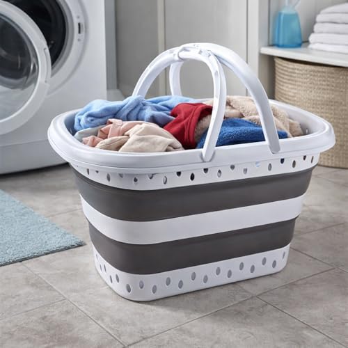Panier Corbeille à linge retractable et pliable avec Ances - 45 litres - Blanc Gris