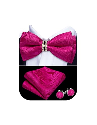 YOHOWA Pre-Tied Bow Tie for Men with Gold Diamond Ring Hot Pink Paisley Pocket Square Cufflinks Adjustable Formal Wedding Party
