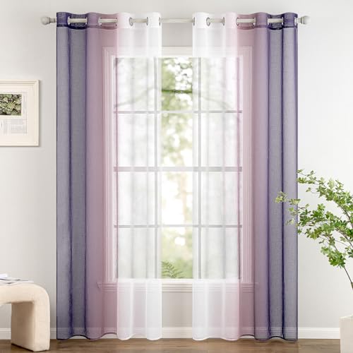Woaboy 2 Piezas Cortina Gradiente Translúcida Ojales Visillo Degradado Gasa Moderno Poliéster Decorativas Visillos para Ventanas Habitación Dormitorio Sala de Estar 140x225cm Violeta