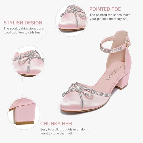 Image of LAURMOSA Girls Sandals Closed Toe High Heels Pointed Toe Ankle Strap Pumps Flower Girl Dressy Shoes in Wedding Party Cute Bowknot Chunky Block Heeled for Little Big Kids