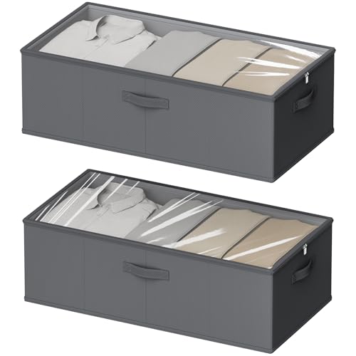 Chizjox 2 Pack Under Bed Storage Containers, 10 Inch Tall Underbed Clothes Storage Organizer Bin with Clear Window,Foldable Box Basket for Clothes, Closet, Bed Sheets and Blankets Gray