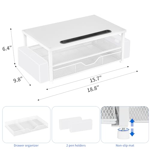 AUPSEN White Monitor Stand Riser, 2-Tier Wood Computer Desk Organizer with Drawer, Pen Storage & Phone Holder, Office Desk Accessories Desktop Organizer for Office Supplies