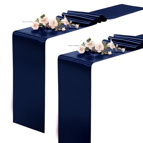 KKJIAF 2 Pack Navy Blue Silky Satin Table Runner 12" x 108"