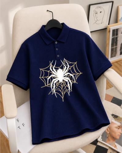 Image of AUSK Men's Spider Graphic Printed Polo T-Shirt | Cotton Blend Textured Half Sleeve Regular Fit Polo Neck Casual Wear Tshirt for Men
