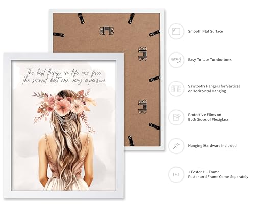 Image of Poster Master The Best Thing In Life Are Free Poster - Fashion Print - Trendy Art - Flower Art - Gift for Women & Fashionista - Funny Glamour Decor for Bedroom or Girl's Room, 16x20 White Framed