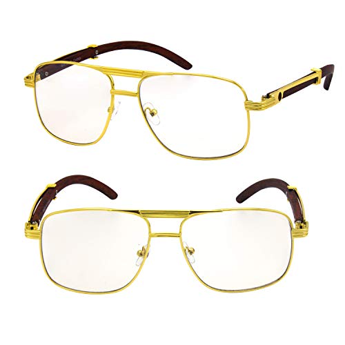 Image of TZ Promise For Men's Gold Color Wood Effect Metal Frames Vintage Style Retro Eye Clear Lens Glasses