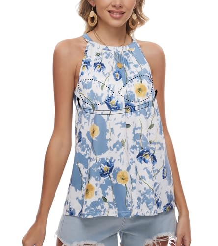 Image of Women Halter Tank Top with Built in Bra Flowy Sleevless Padded Camisole Loose Fit Summer Shirt Top S-3XL