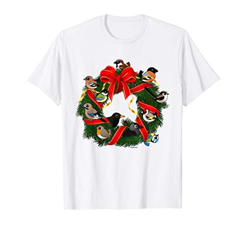 Garden Birds Flock Together on Holiday Wreath Christmas Gift T-Shirt