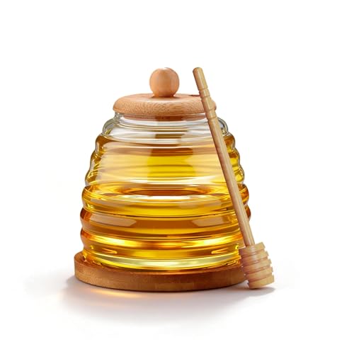 Verre à miel 500 ml avec cuillère, pot à miel en verre avec couvercle en bois, distributeur de miel sans fuites et scellé, verre de conservation à large col pour miel – idéal pour la cuisine, le petit