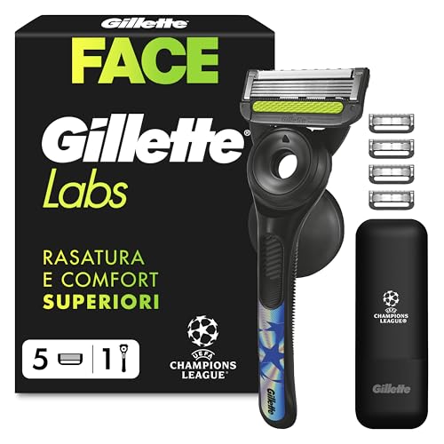 Gillette Uefa Champions League Special Edition Gillettelabs Rasoio a Mano Libera con Barra Esfoliante Champion Gold Edition, 1 Manico + 5 Lamette di Ricambio, Gancio da Parete e Custodia da Viaggio