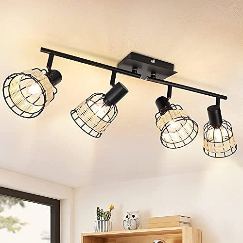 Modern 4 Way Ceiling Light Fitting,Rotatable Spotlights with Black Spotlight Bar,Iron and Rattan Lampshade,Kitchen Lights Ceiling for Living Room,Bedroom,Study,Showroom,E14 Base(Bulbs Not Included)