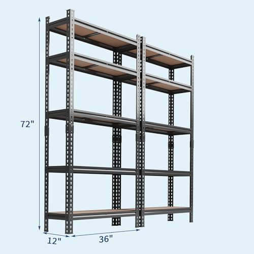 Image of 5-Tier Heavy Duty Adjustable Metal Storage Unit, 72 inch h x 35.5 inch w x 12 inch d, for Garage, Basement, Warehouse, Pantry, Closet, Kitchen, Black，2 Pack