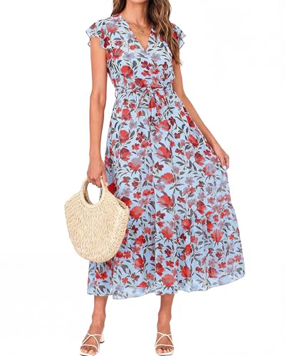 Image of BTFBM Women Summer Bohemian Floral Casual Wrap V Neck Ruffle Cap Sleeveless Belt A-Line Pleated Hem Midi Sun Dress White