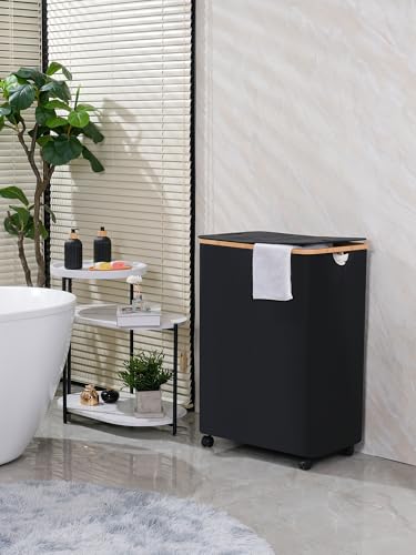 Image of efluky Double Laundry Hamper with Wheels, Divided Laundry Hamper with Removable Bags, 2 Section Dirty Clothes Basket with Handles for Bathroom, Bedroom & Laundry Room, 160L Dark Black