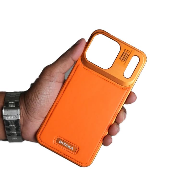 Image of Business Leather Phone Case Compatible with iPhone 17 Pro Max with Mag Charging | Aluminum Alloy Eco-Friendly Cloth Aroma Therapy Phone Case - Orange