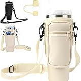 Tumbler Cup Bag, Accessories Holder with Adjustable Strap & Phone Pocket for Bottles | 40 oz Cup Holder | Carry Case for Walking and Hiking (Beige Bag + Straw Stopper)