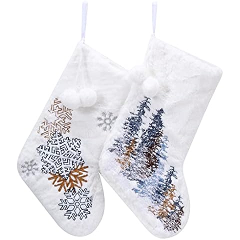 E-FirstFeeling Christmas Stockings Set of 2 Plush Christmas Stockings Embroidery Snowflake Christmas Tree 18 Inches Xmas Stockings Hanging Christmas Decorations (White-2pcs) Cover