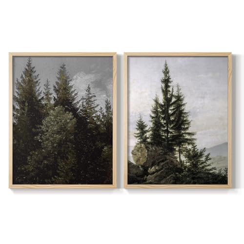 Renditions Gallery Set of 2 Peel & Stick Framed Prints, Abstract Landscape Wall Art, Towering Pine Trees On Rocky Outcrop Wall Decor, Re-Stickable - Ready to Hang - 22"x28" - Natural Frame GAL048