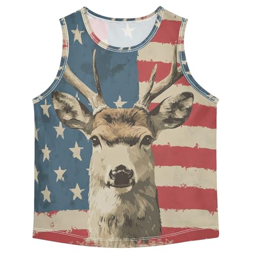 Boys Tank Top Shirts Deer American Flag Style Sleeveless T-Shirts Crew Neck for Kids Clothing Children