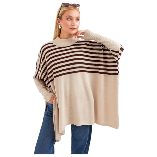 Image of Women's Crew Neck Batwing Sleeve Split Hem Oversized Knit Poncho Sweater
