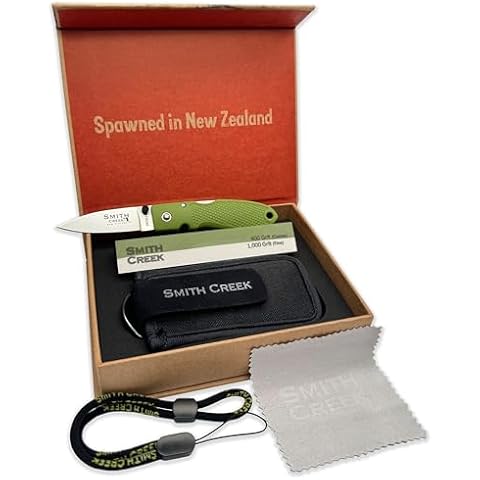 Smith Creek Folding Knife, AUS-8 Japanese Steel Blade, Grilon Handle, Sharpening Stone, Polishing Cloth, Lanyard, Sheath (Moss Green) Cover