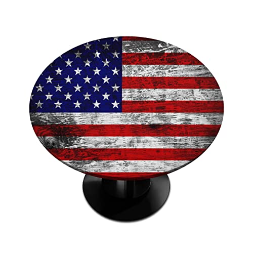 American Flag Wooden Patriotic Round Tablecloth with Elastic Edge,Grunge USA Flag 4Th of July Fitted Table Cloth Round Table Cover for Dining Kitchen Party Indoor Outdoor Patio Table 45