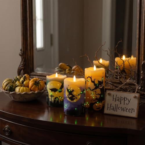 Image of Halloween Flameless Candles, Battery Operated Candles with Remote | Fiber Optic Flameless Pillar Candles Set Of 3 For Halloween Decorations Indoor