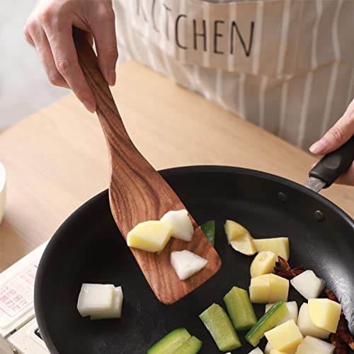 Foto von Muso Wood Pfannenwender Holz 2er Set 31.5x6.5cm - Massives Teak Holz Spatula - Schutz vor Kratzer für Pfanne - Geschlitzt Hitzebeständig Antibakteriell Robust Küchenhelfer - Abgeschrägte Kante