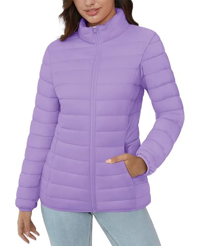 MAGCOMSEN Womens Jacket Lightweight Puffy Jacket Zip-up Long Sleeve Winter Warm Quilted Casual Outerwear with Pockets, Light Purple XXL